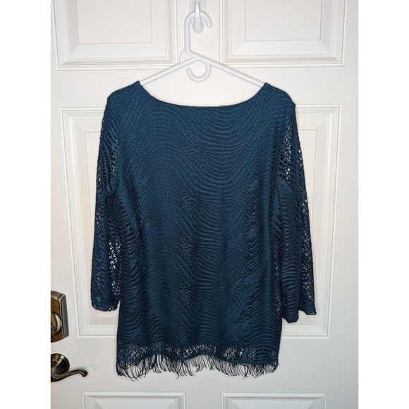 Melissa Paige Blouse 3/4 Sleeve Lined Fringe Dark Teal Women's Large EUC - Picture 3 of 7